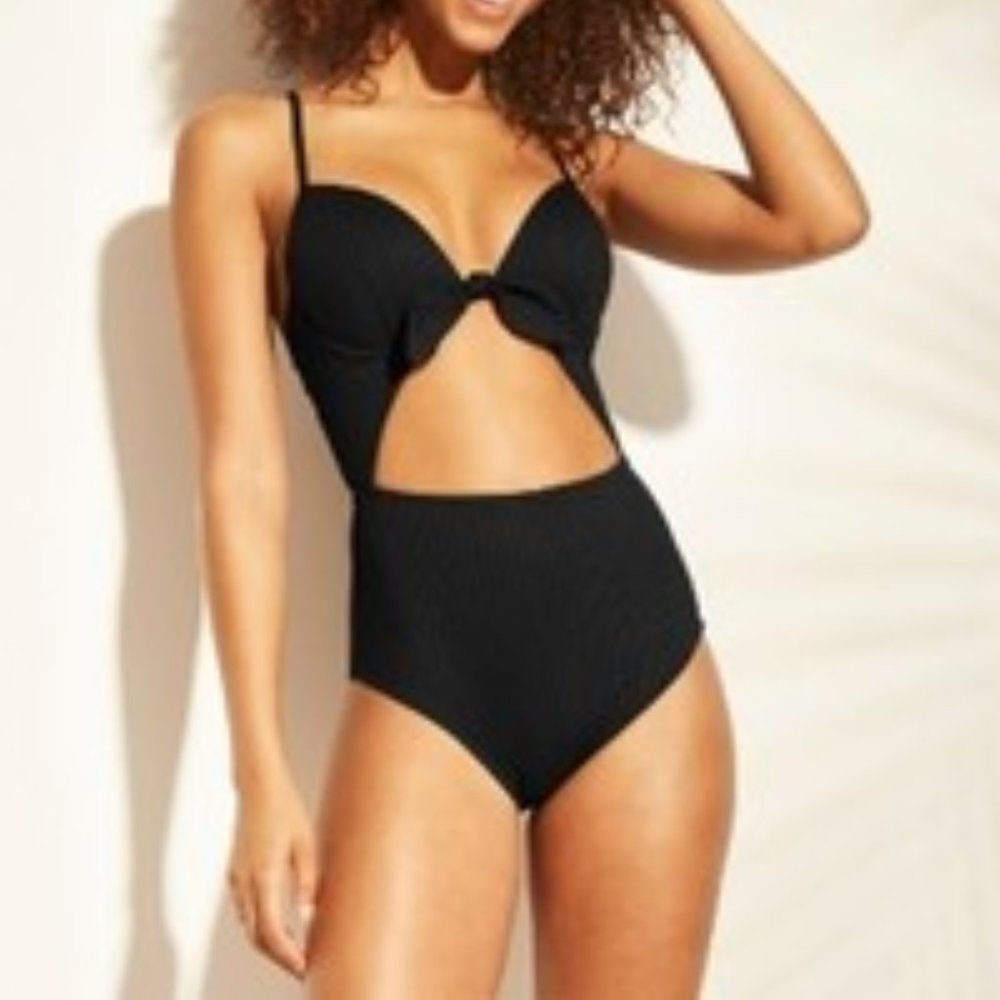 Shade & Shore Light Lift Ribbed Tie Front Cut Out Swimsuit 32D
